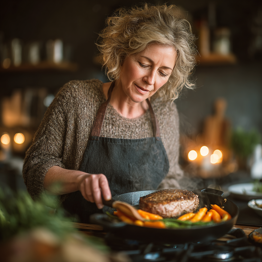 Літня жінка готує здорову їжу на кухні