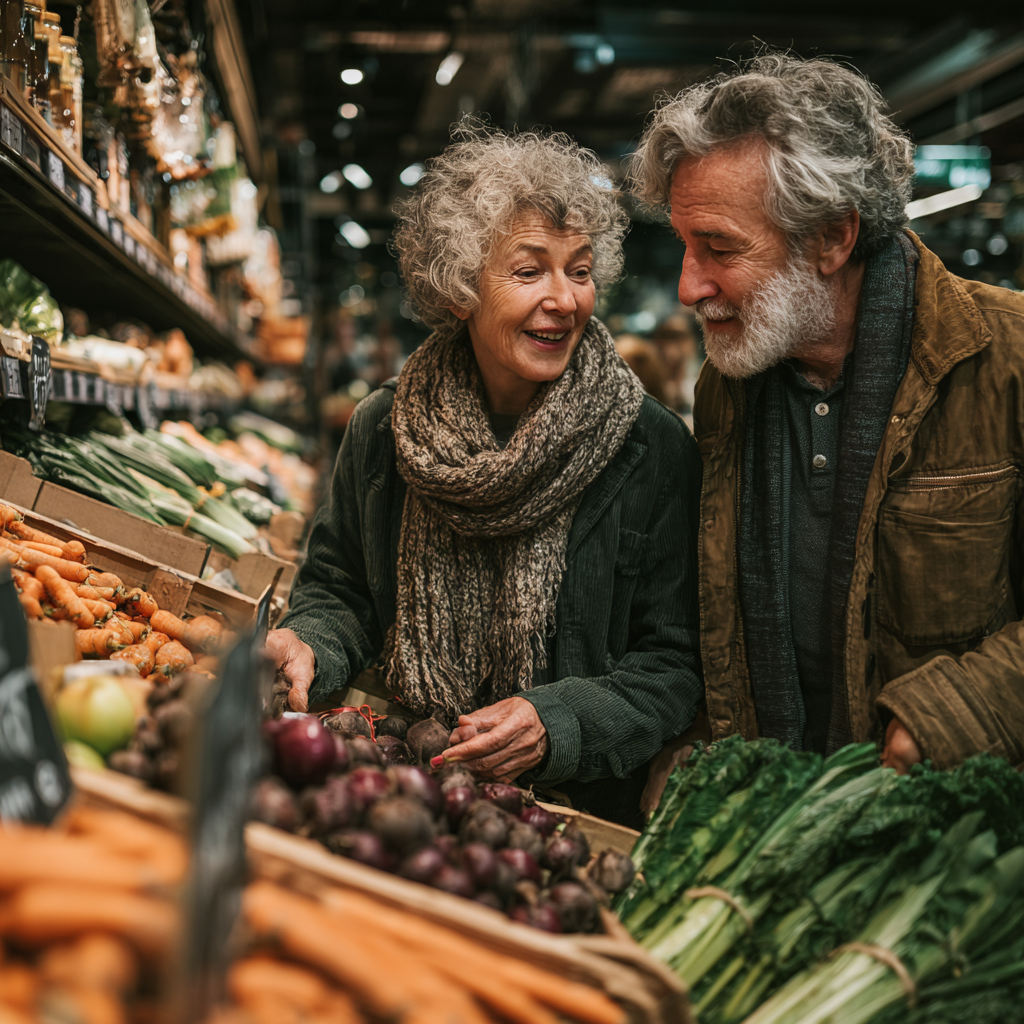 Літня пара разом готує здорову їжу