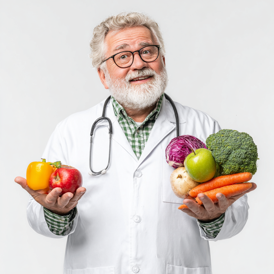 Щасливий літній чоловік із здоровою їжею